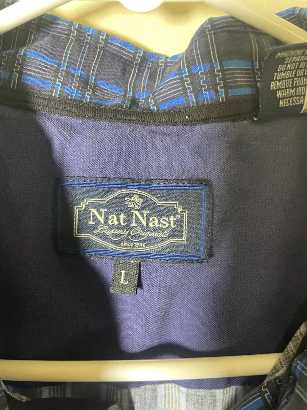 Nat Nast Luxury Original SS Blue Plaid Button-Up 100% Silk Shirt Large!